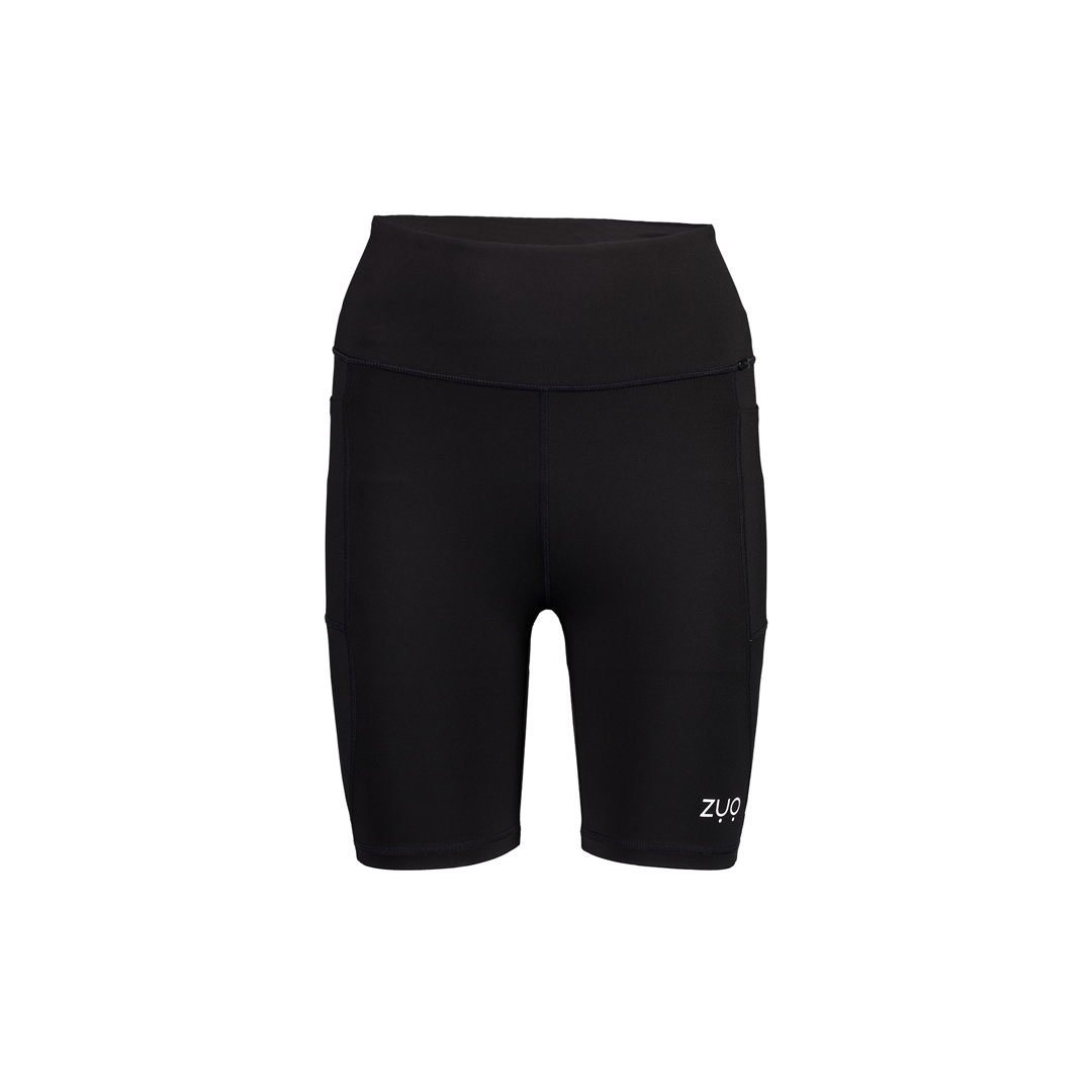 Front view, ghost mannequin in mid-length shorts in black