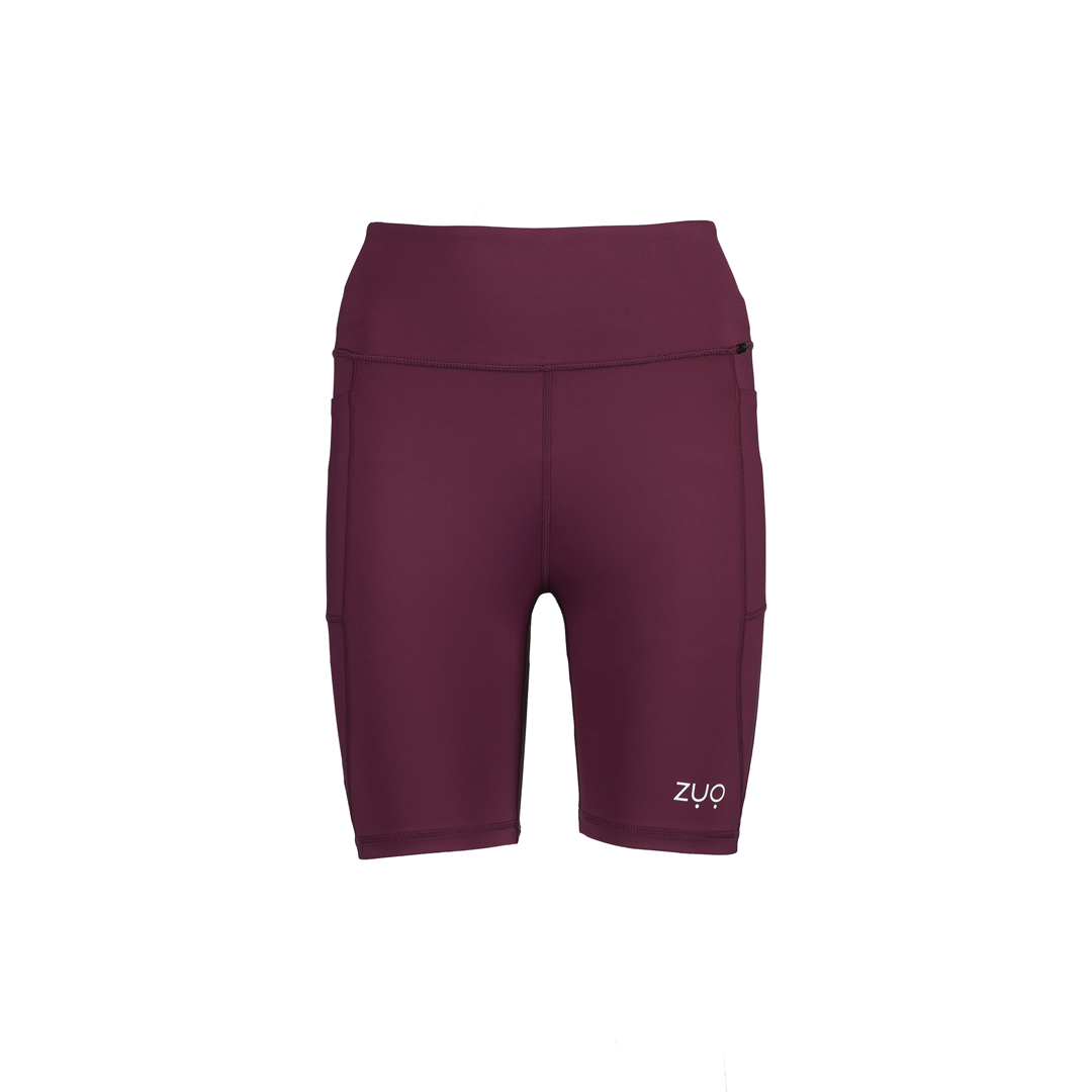 Front view, ghost mannequin in mid-length shorts in Windsor Wine, a deep berry or burgundy colour